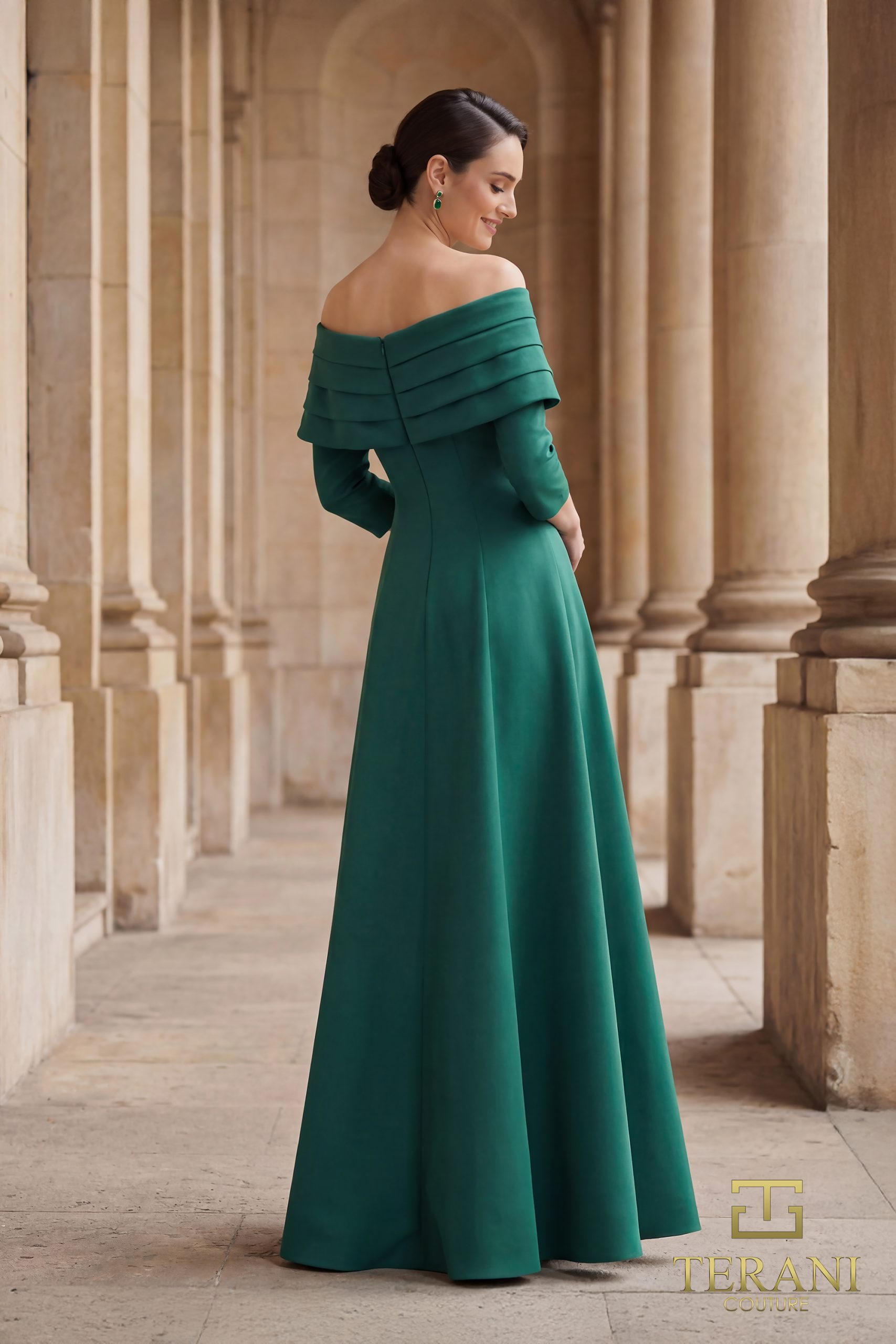 TERANI 261M6434 Dress Off-Shoulder Stretch Mikado A-Line Gown with Long Sleeves