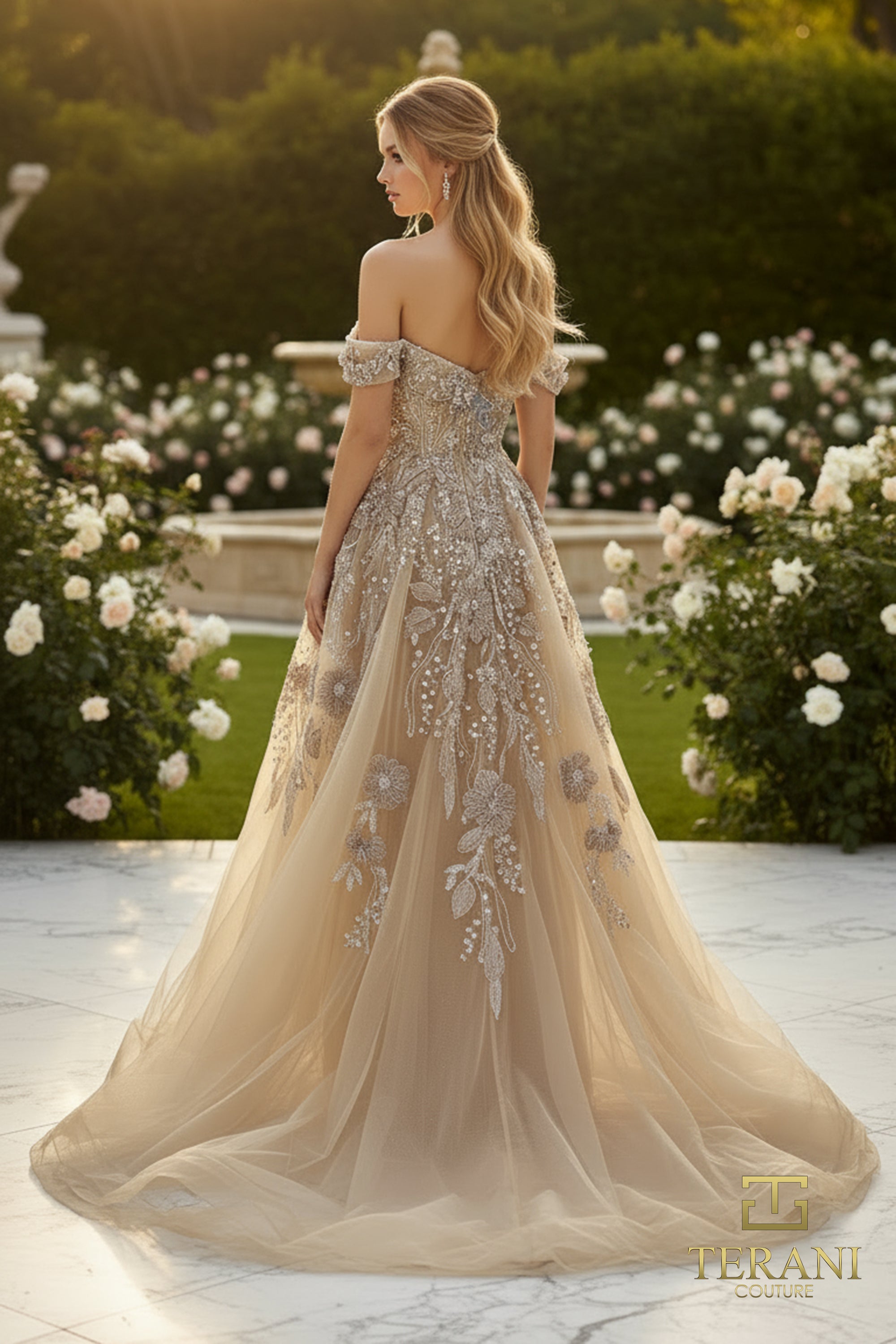 Off-Shoulder Beaded Tulle A-Line Gown - 261M6435