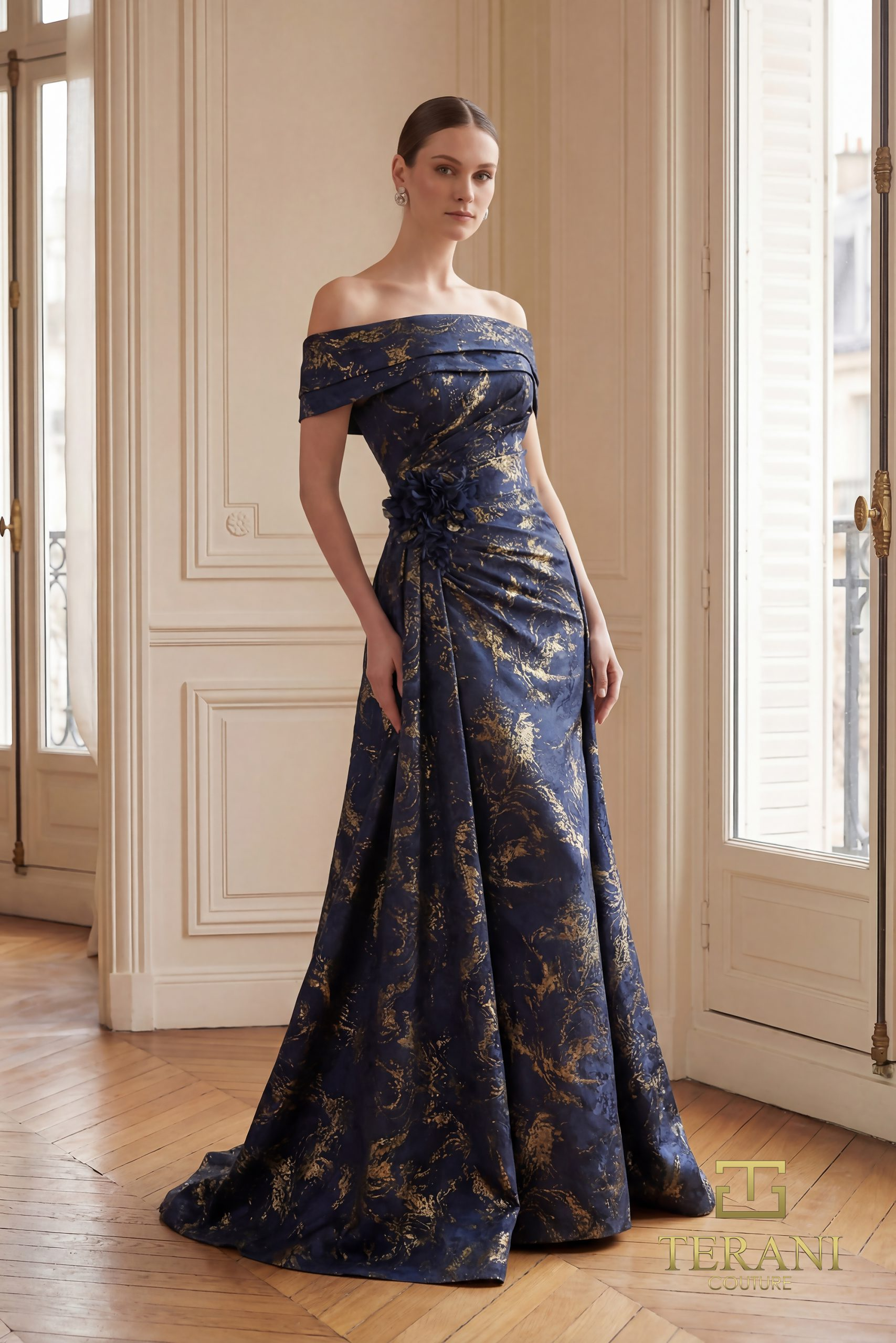 Off-Shoulder Jacquard Sheath Gown