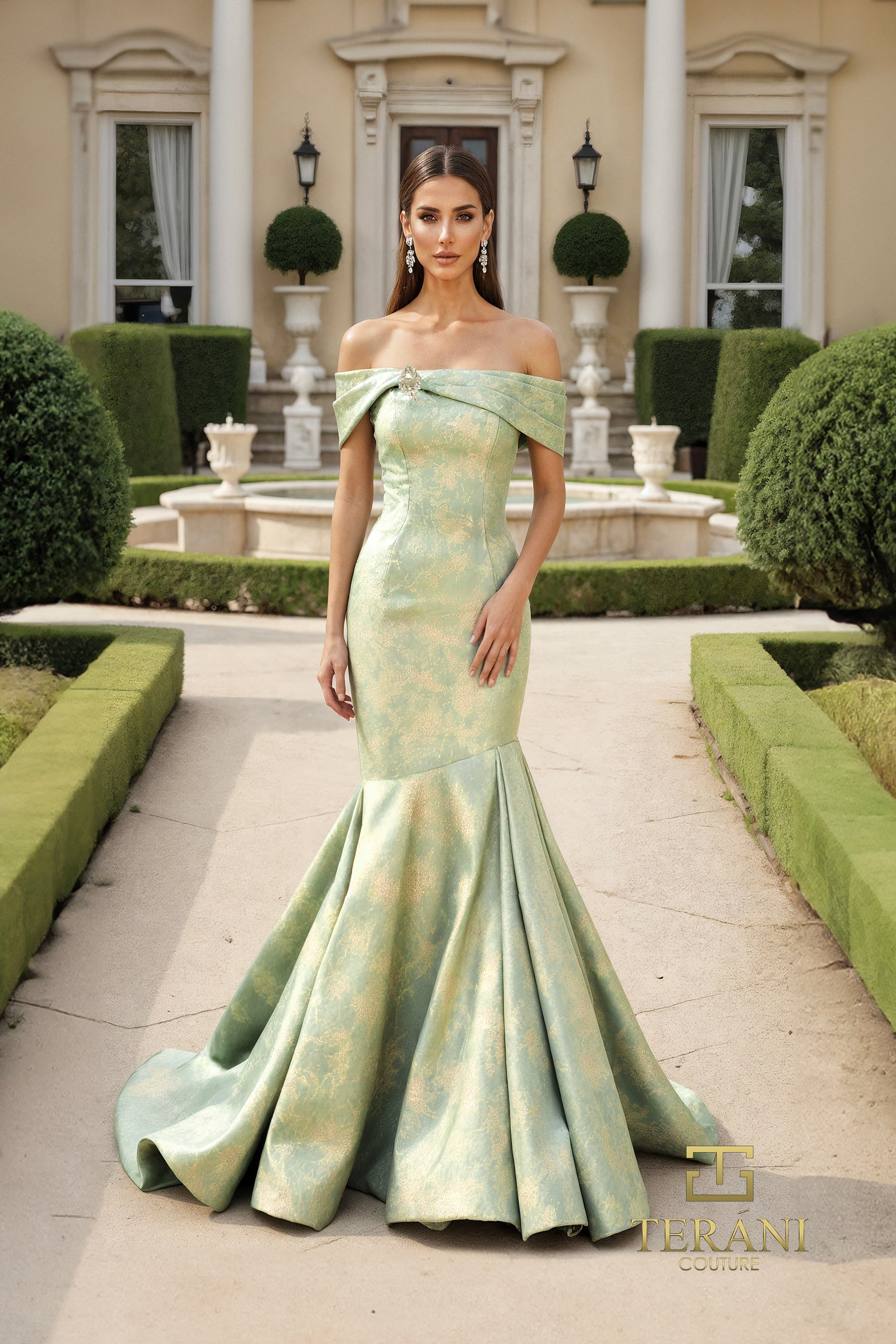 Off-Shoulder Brocade Mermaid Gown - 261M6445