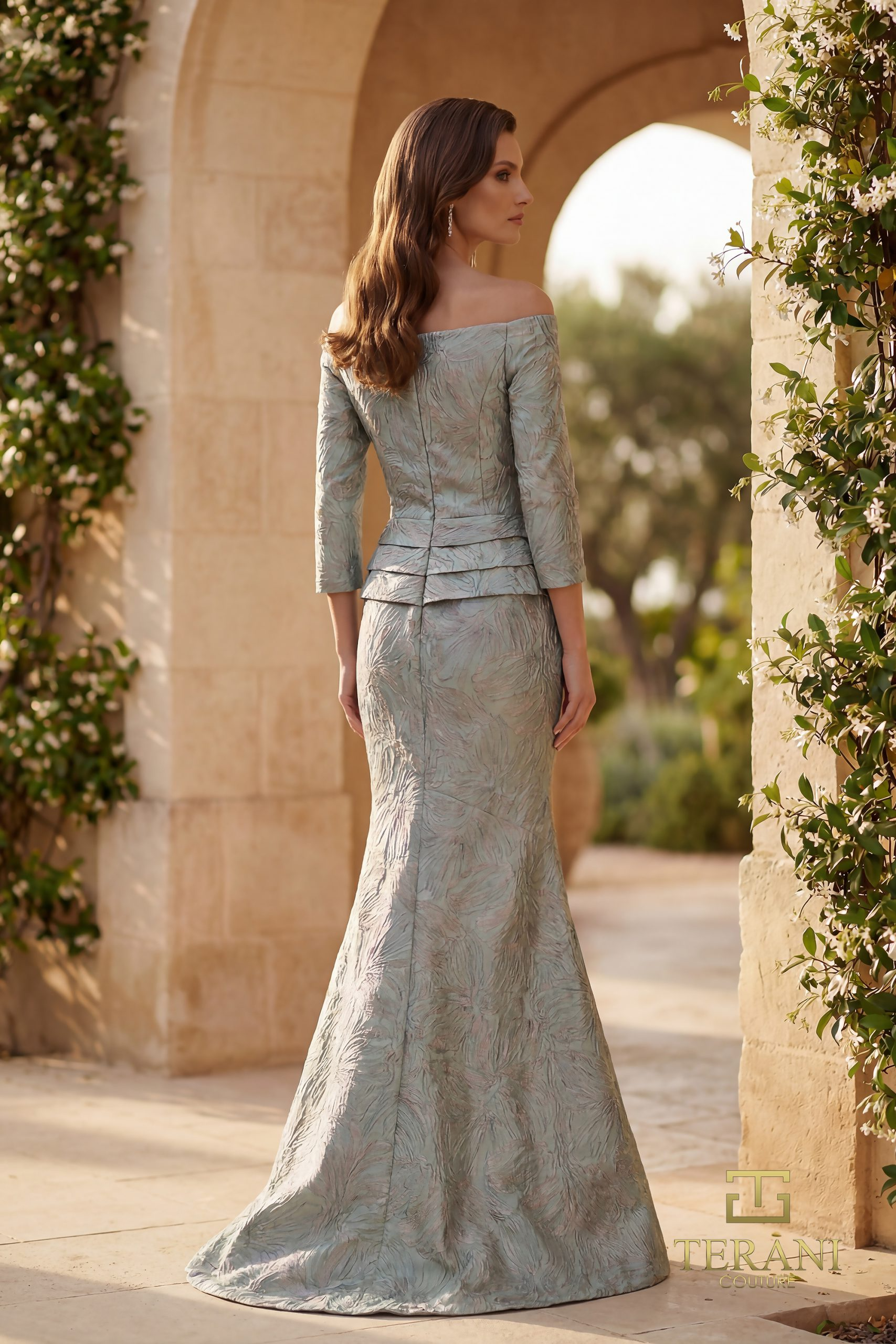 Off-Shoulder Jacquard Trumpet Gown with Long Sleeves