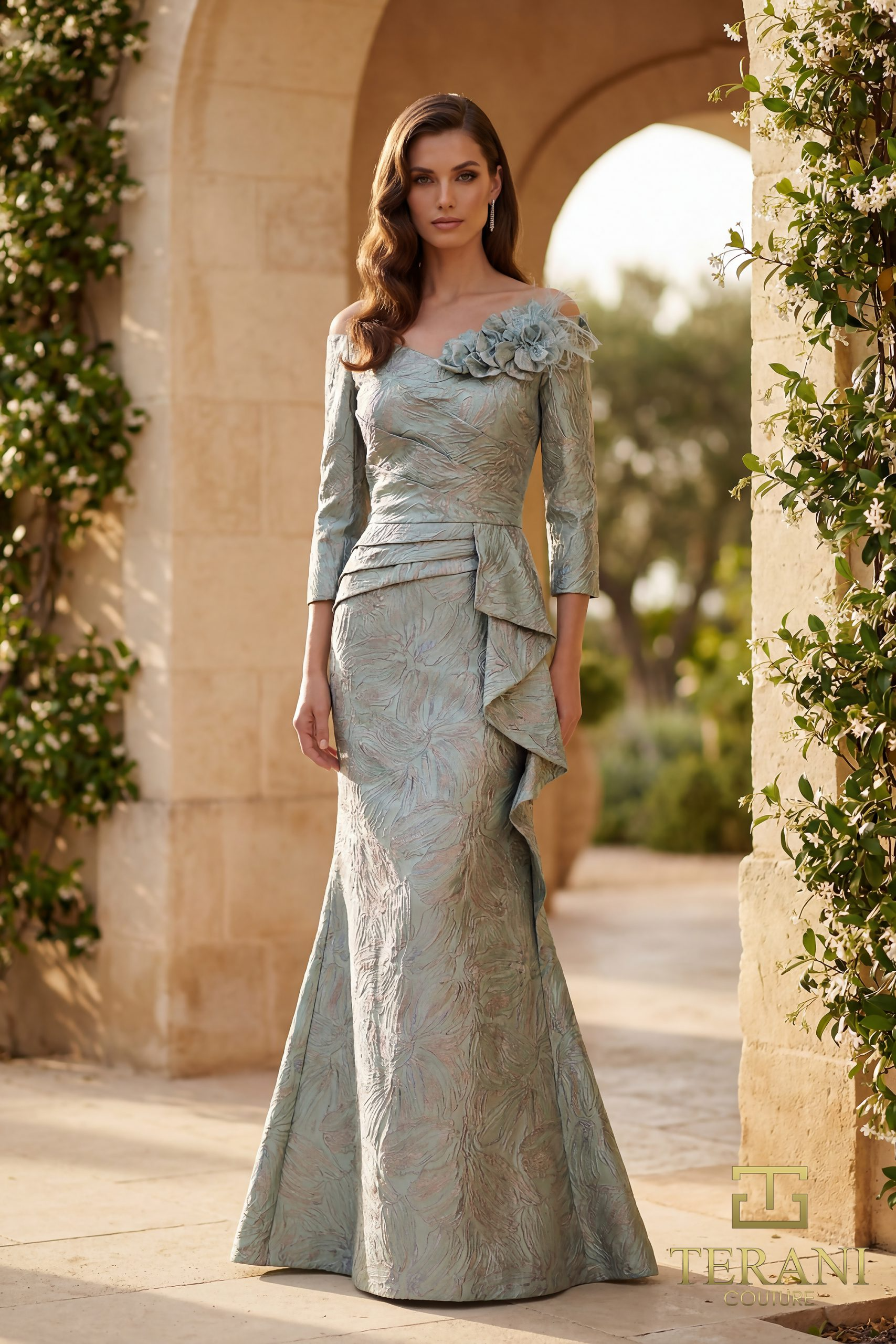 Off-Shoulder Jacquard Trumpet Gown with Long Sleeves