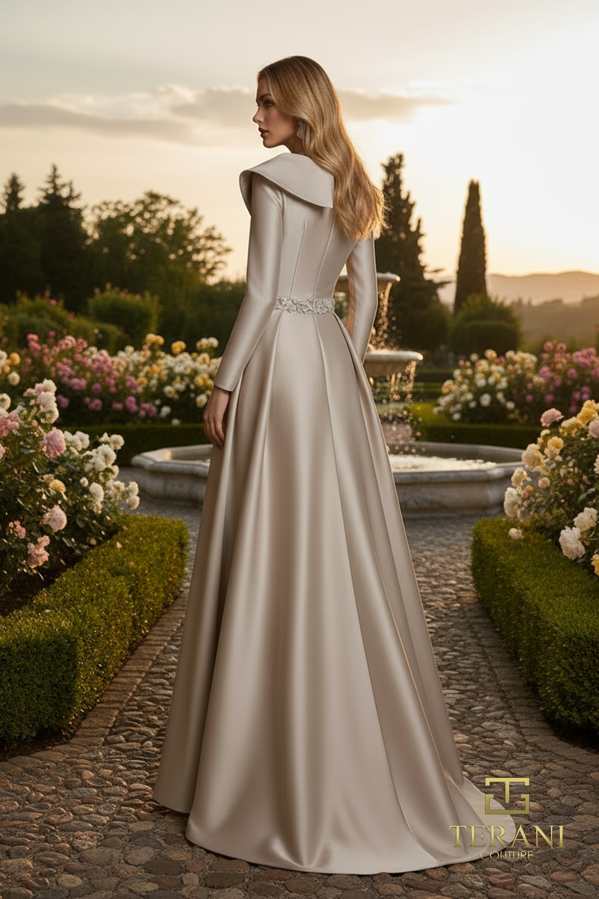 Off-Shoulder Mikado A-Line Gown with Long Sleeves and Slit - 261M6455