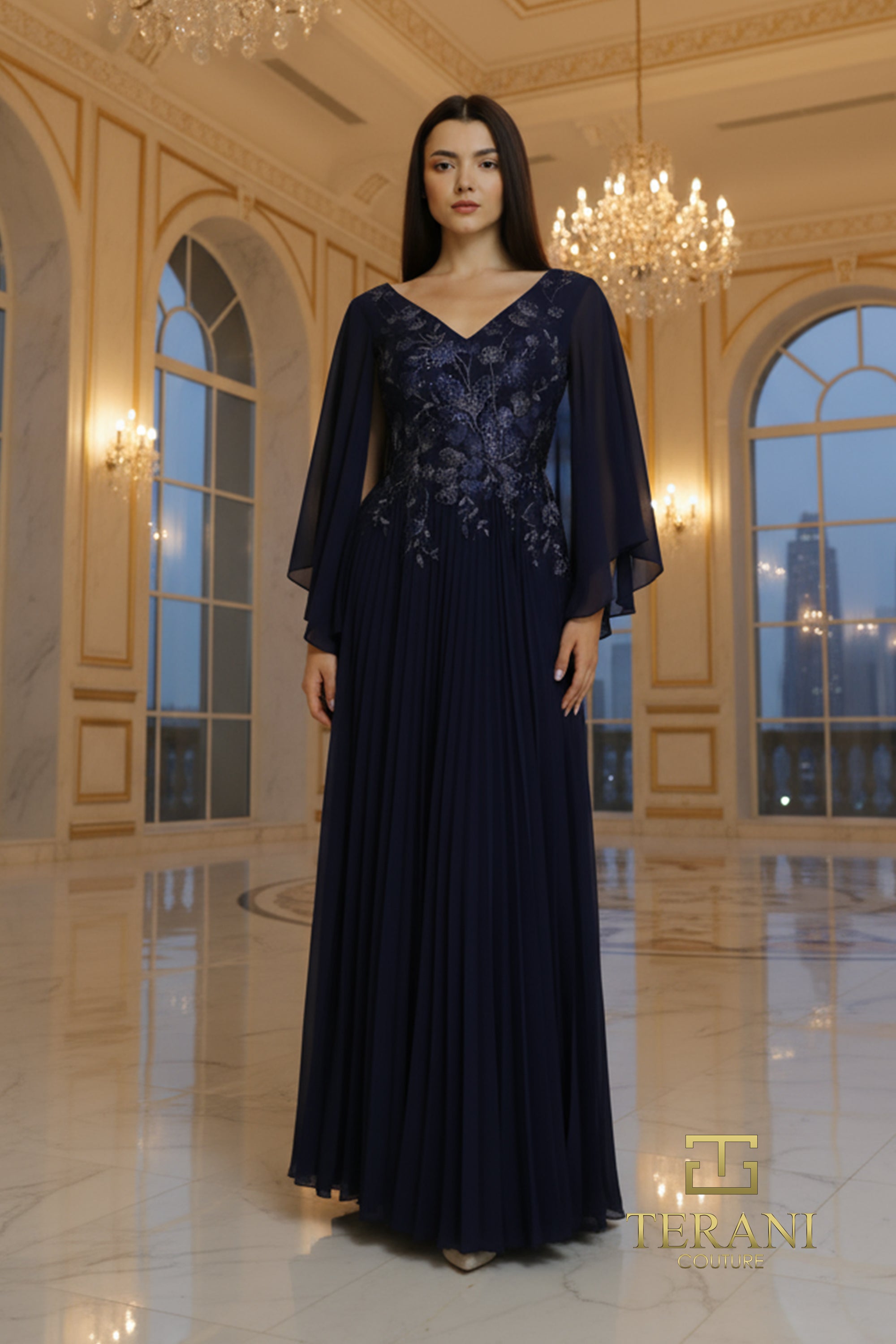 V-Neck Chiffon A-Line Gown with Flowing Cape Sleeves - 261M6681
