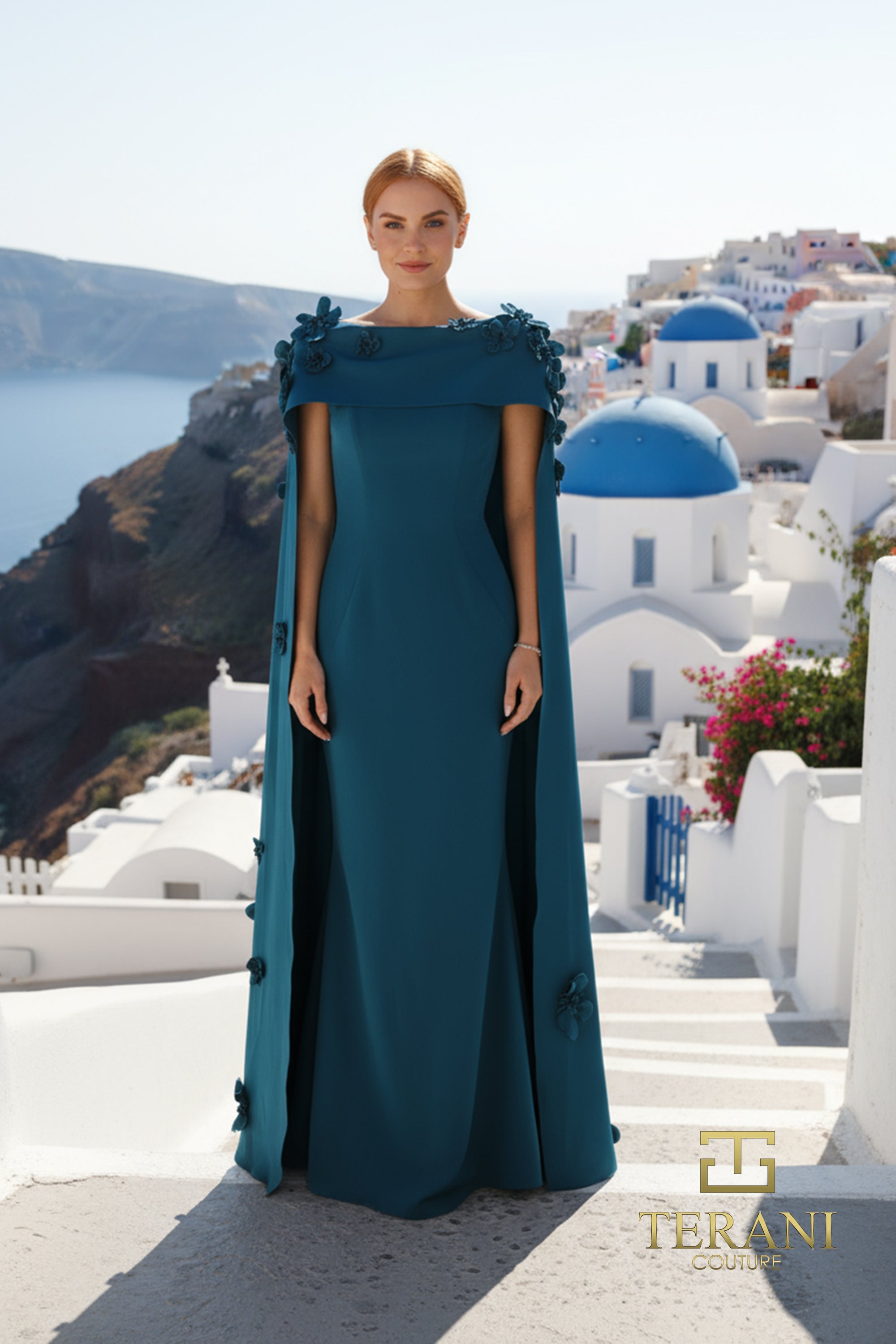 Boat Neck Crepe Trumpet Gown with Cape Sleeves - 261M6687