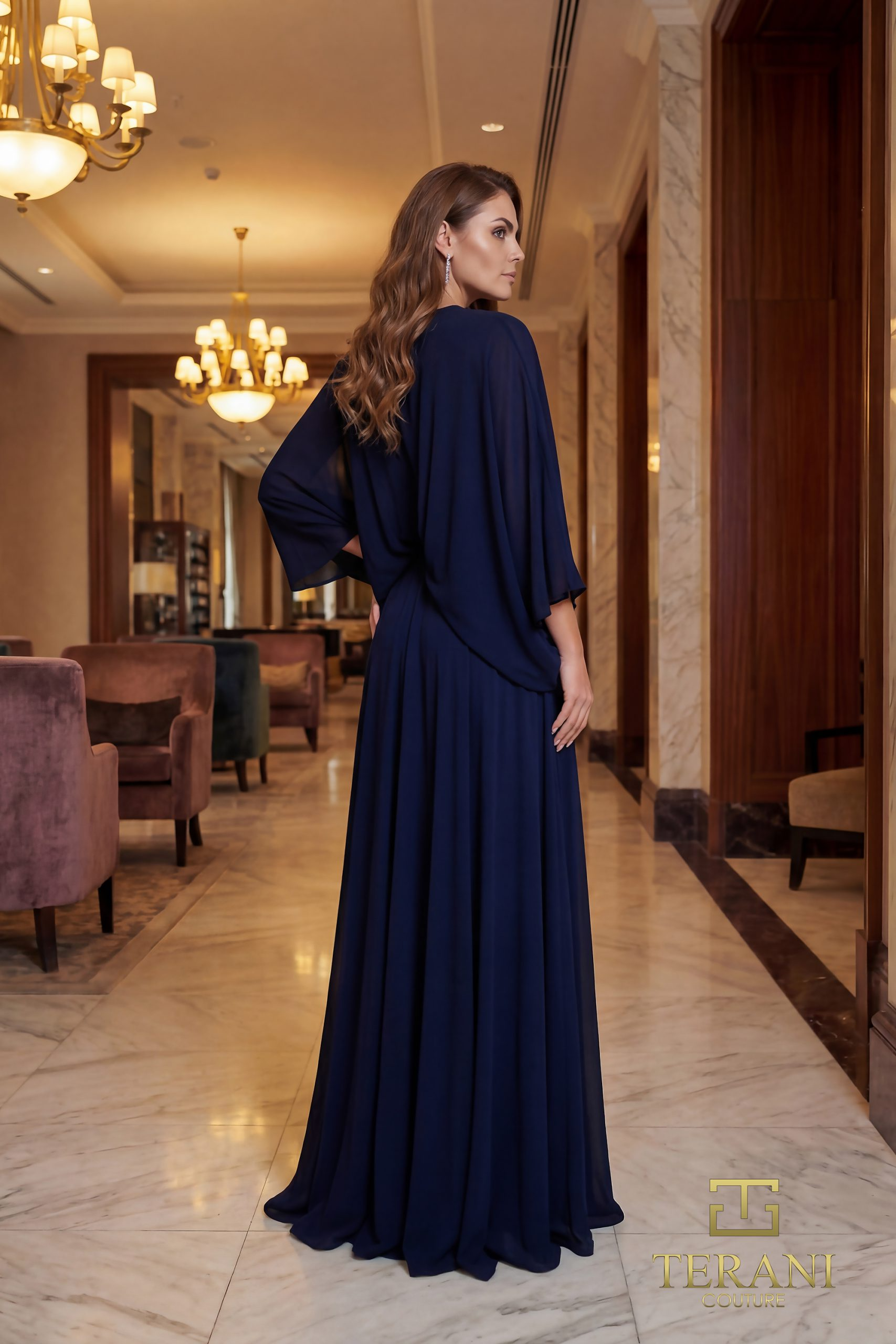 Deep V Georgette A-Line Gown with Slit