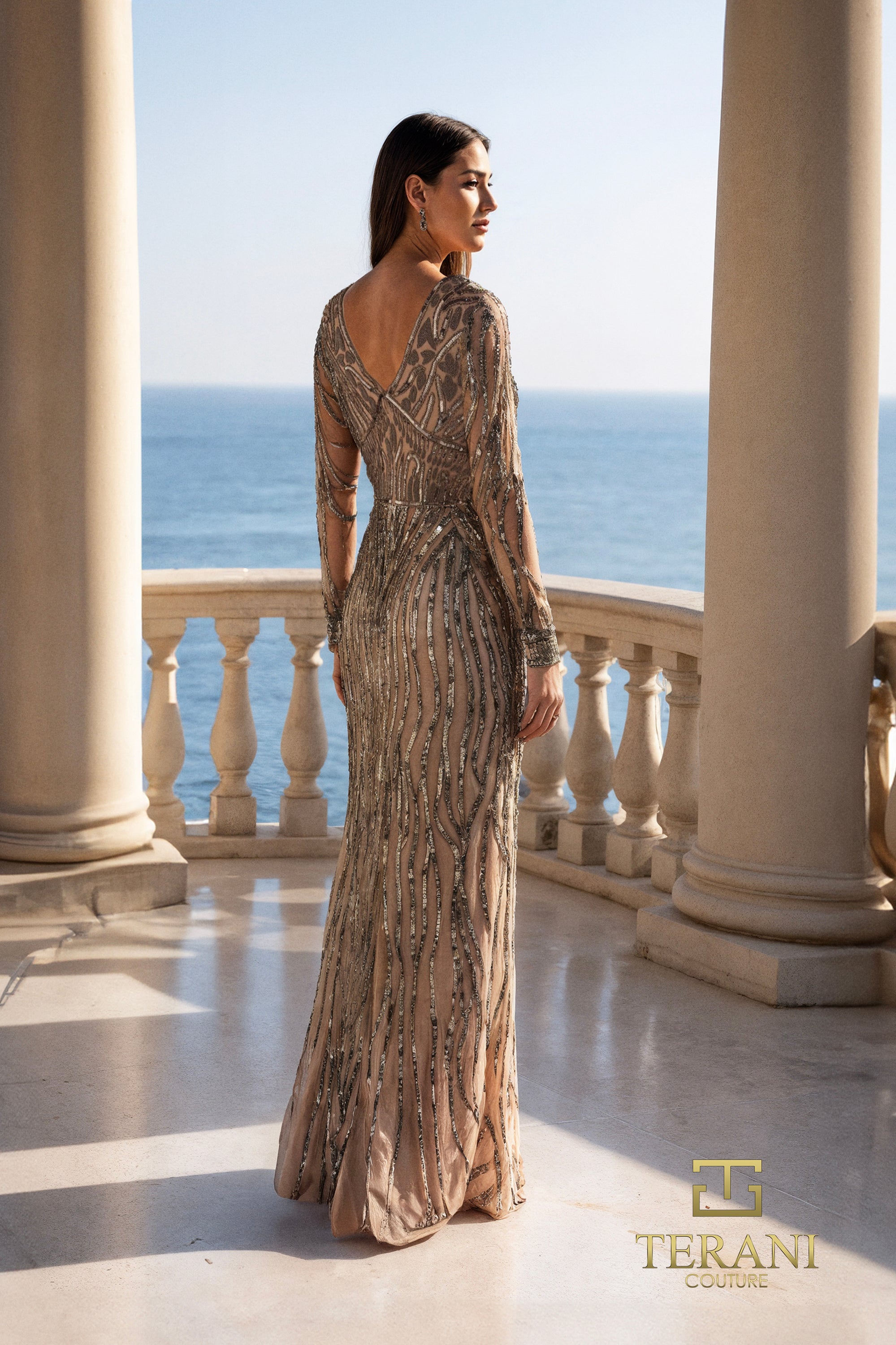 V-Neck Beaded Tulle Sheath Gown with Long Sleeves - 261M6727