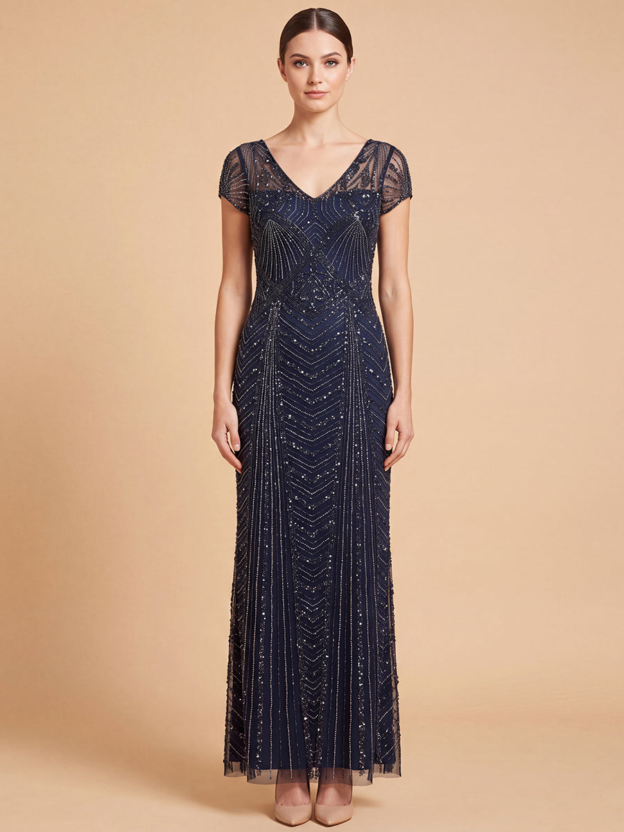 Lara Beaded Cap Sleeve Sheath Gown | 28829