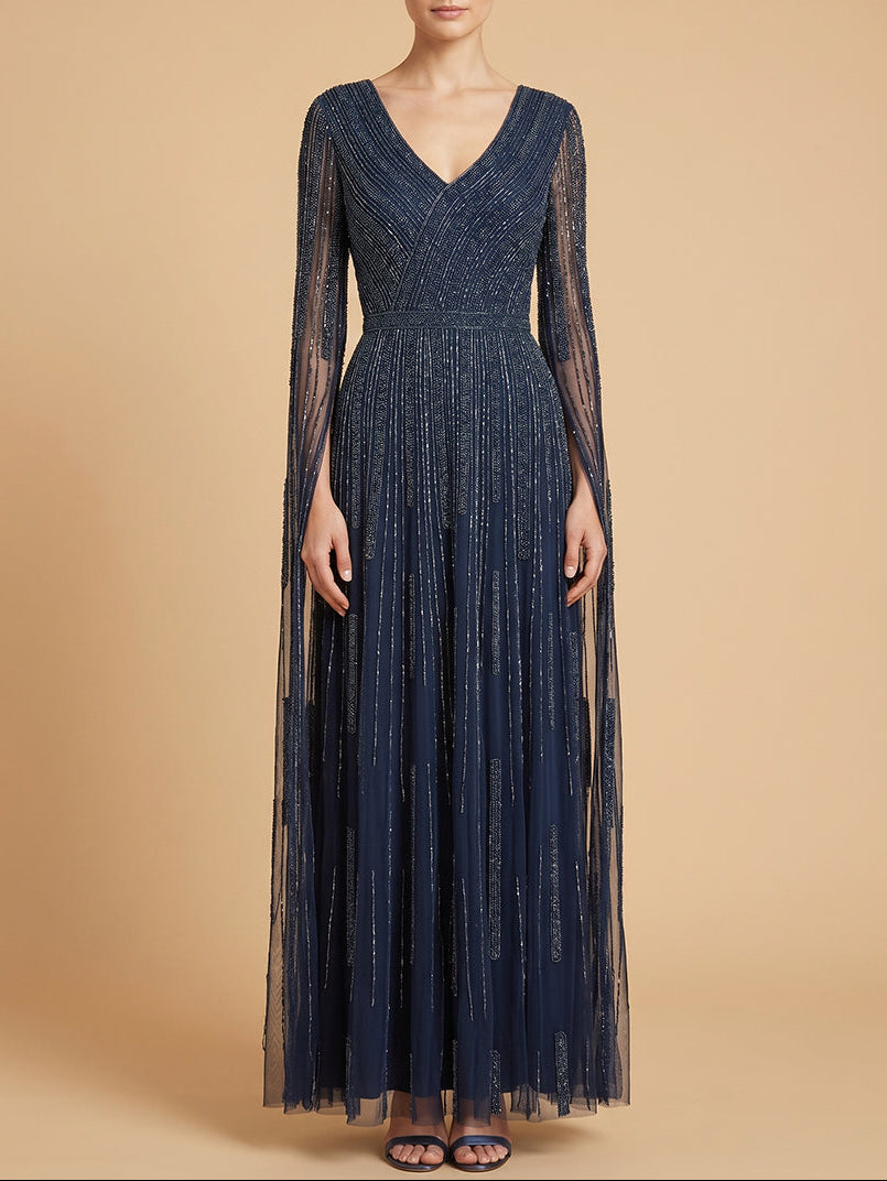 V-Neck Beaded Dress with Long Cape Sleeves |  28835