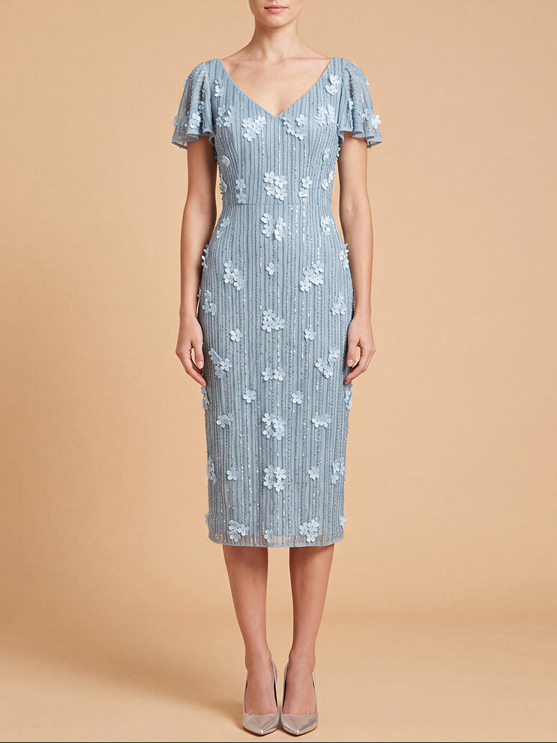 3D Floral Embellished Midi Dress with Cape Sleeves | 28851