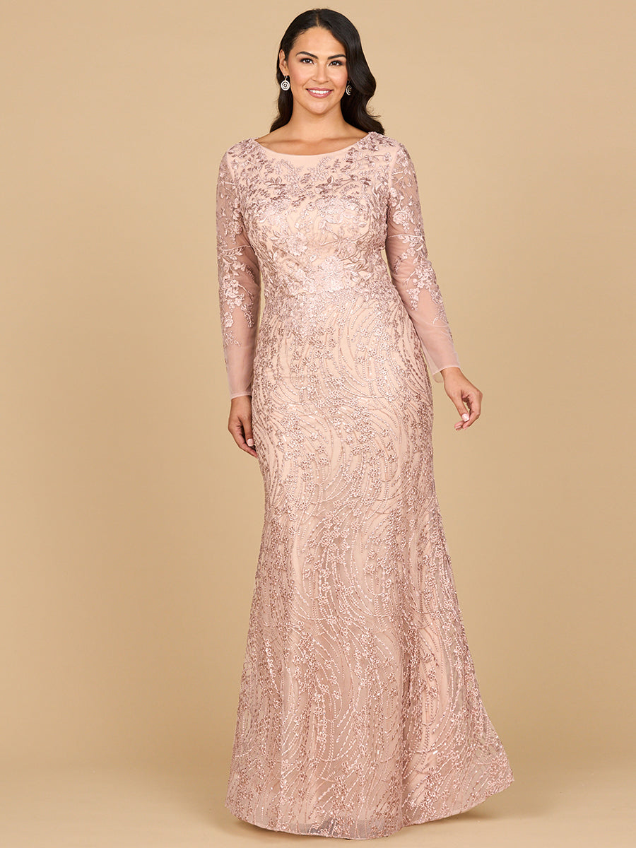 Long Sleeve Gown with Overskirt & Illusion Neckline