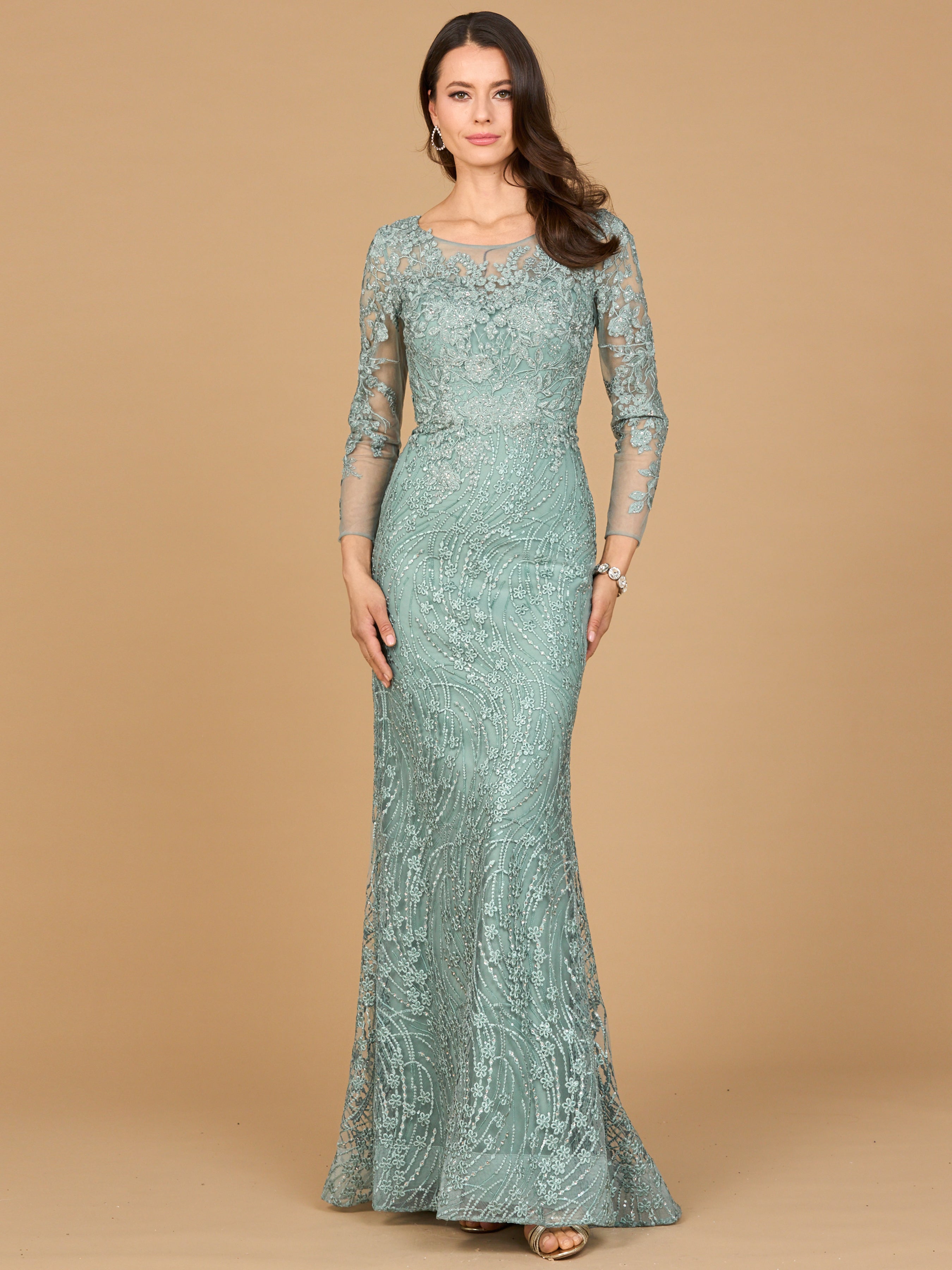 Lara 28883- Long Sleeve Gown with Overskirt & Illusion Neckline