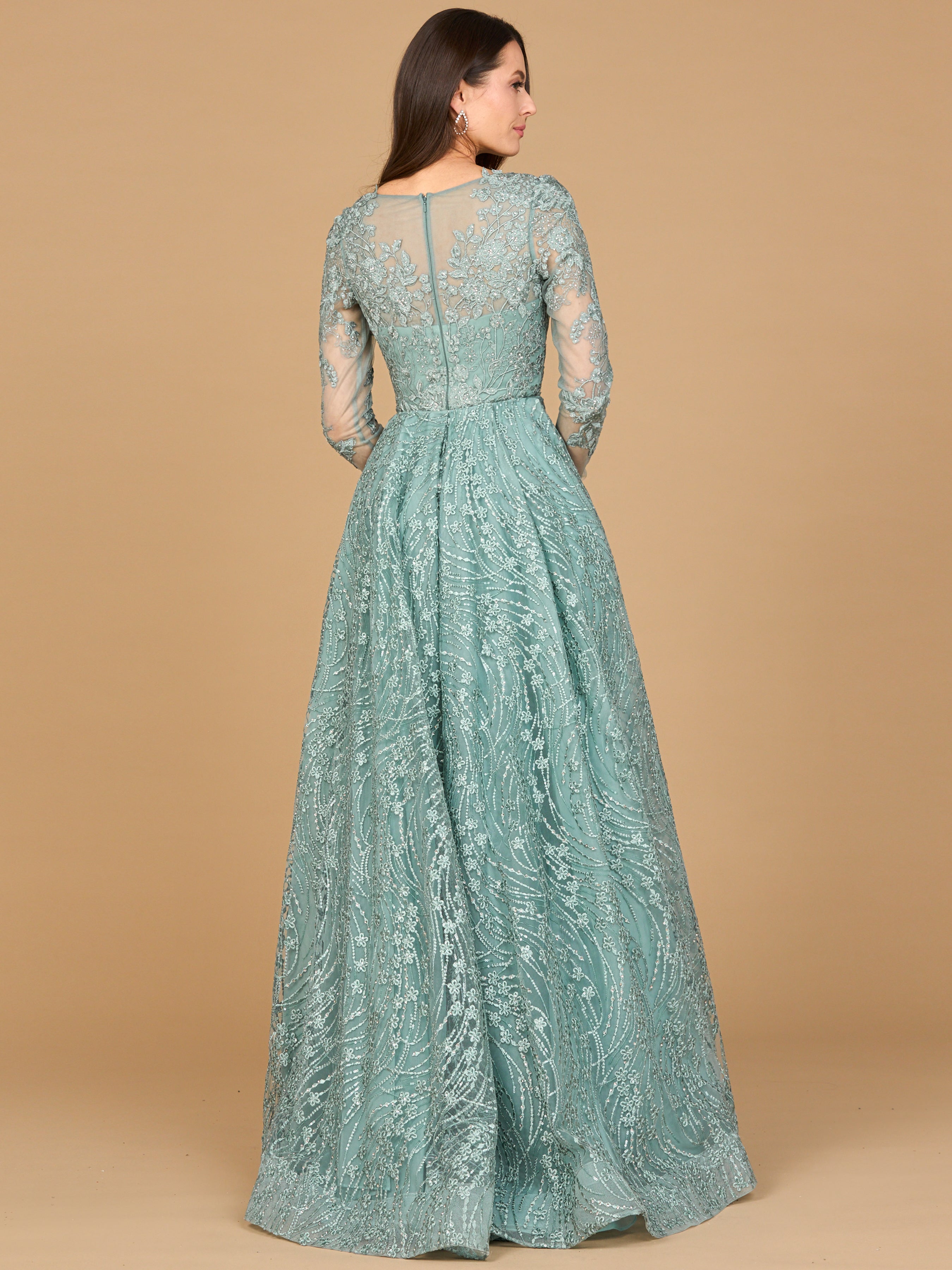 Lara 28883- Long Sleeve Gown with Overskirt & Illusion Neckline