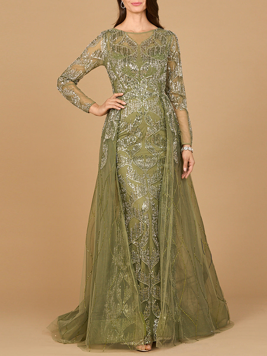 Long Sleeve Gown with Overskirt & High Neck