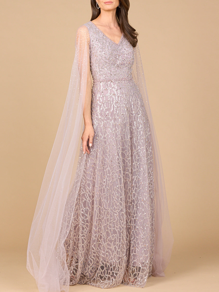 Beaded Lace Gown with Cape Sleeves