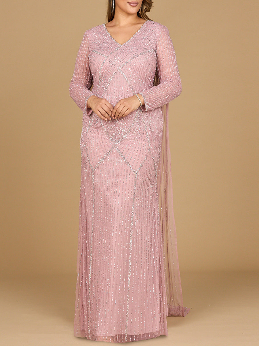 Long Sleeve Beaded Gown with Cape