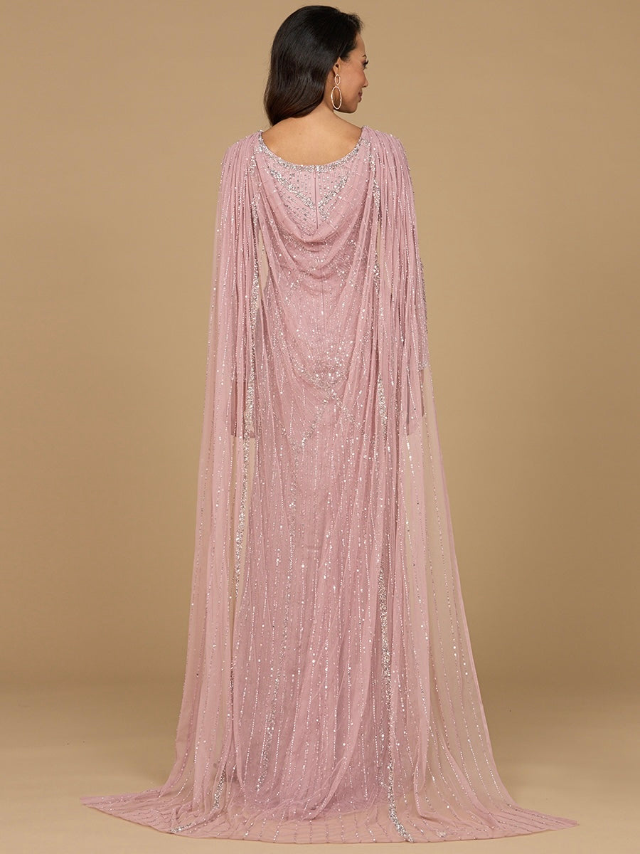 Long Sleeve Beaded Gown with Cape
