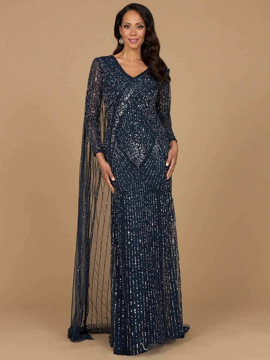 Long Sleeve Beaded Gown with Cape