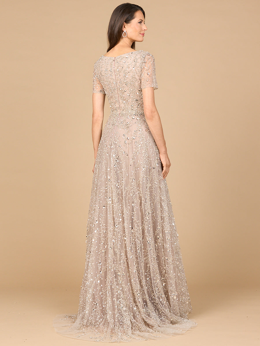Short Sleeve V-Neck Beaded Ballgown