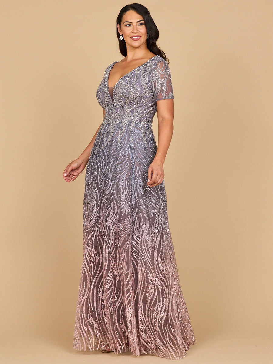 Lara 28961 - Short Sleeve V-Neck Beaded Ballgown