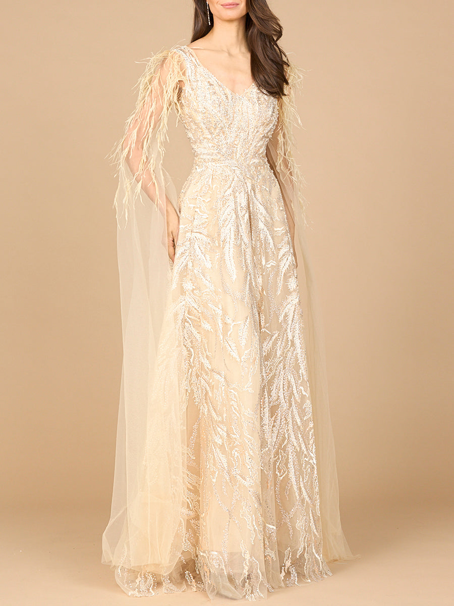 V-Neck Lace Gown with Cape Sleeves
