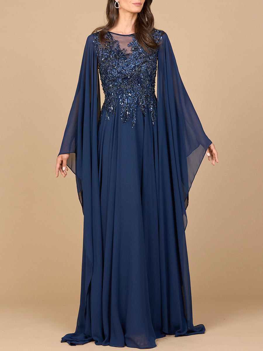 Chiffon A-line Long Gown with Cape Sleeves