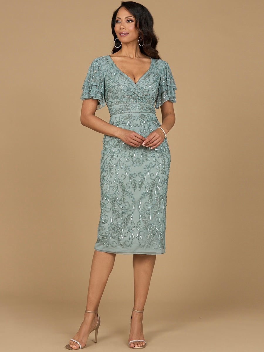 Beaded Midi Dress with Cape Sleeves