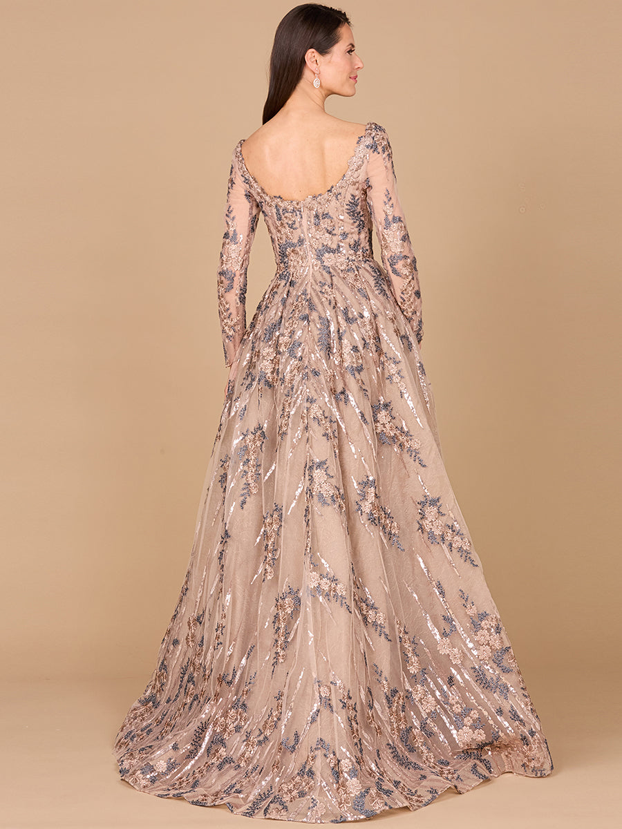 Long Sleeve Lace Gown with Overskirt