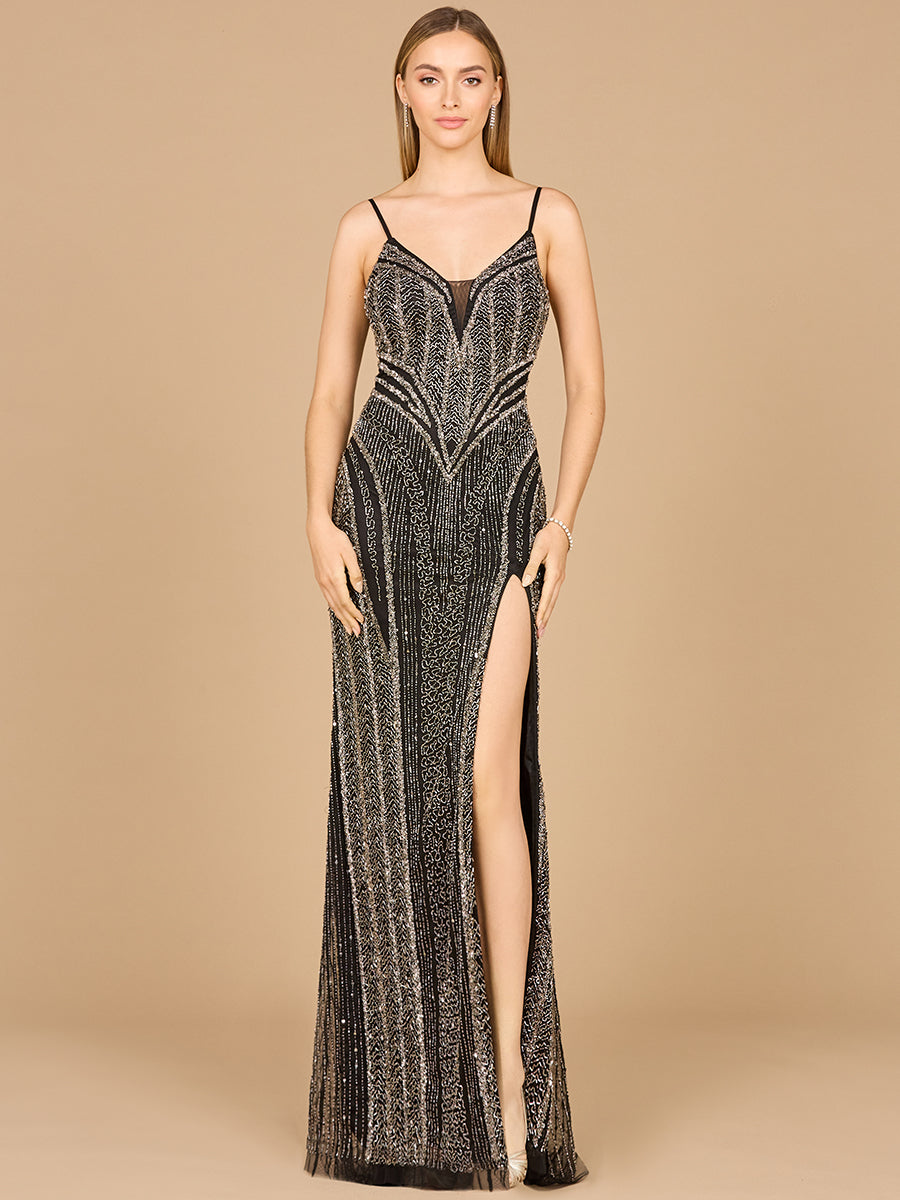 Spaghetti Strap Beaded Gown with Slit