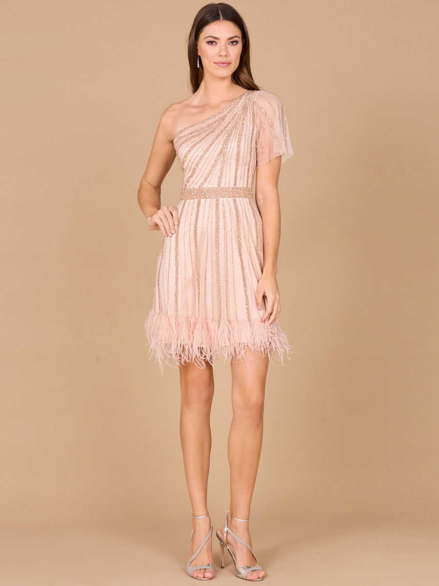 One Shoulder Cocktail Dress with Feathers