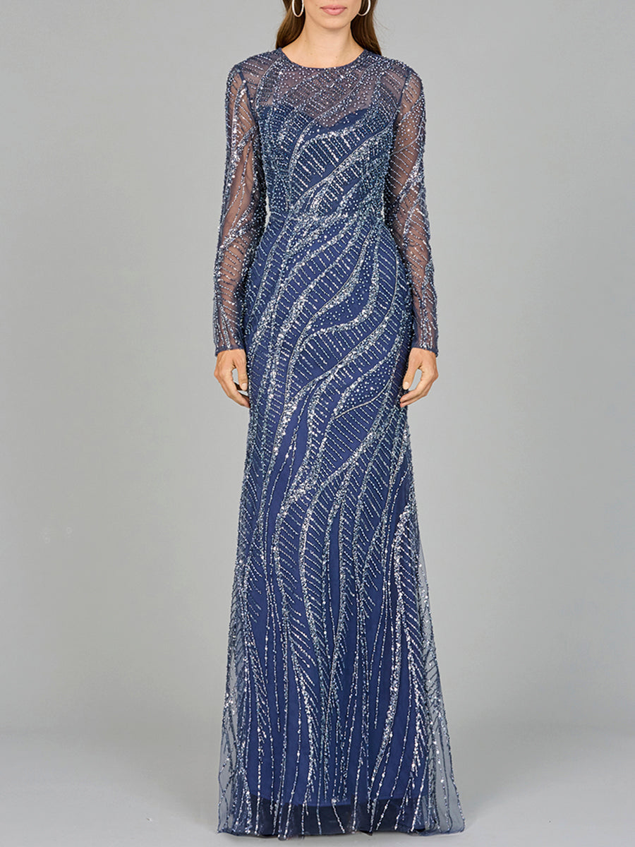Long Sleeve Sheath Gown with Silver Beads