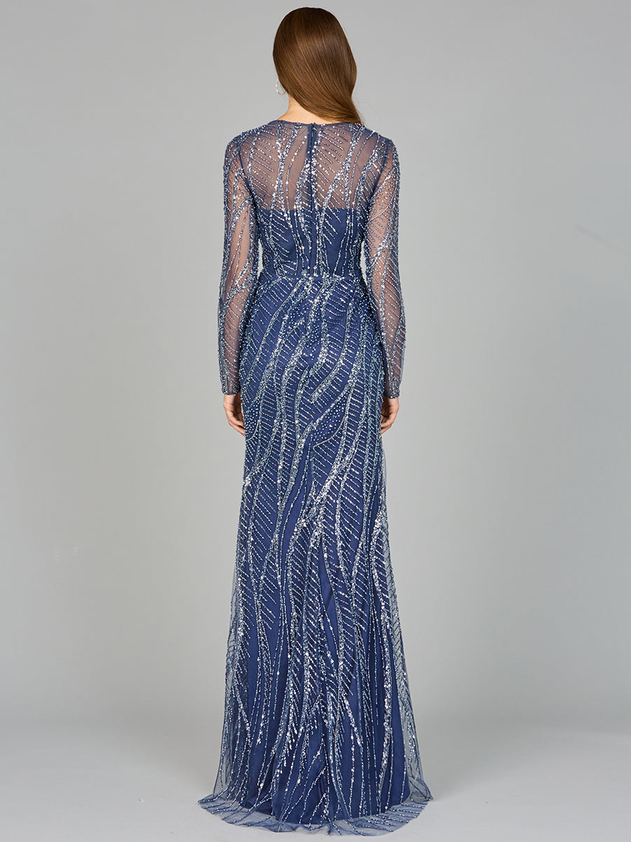 Long Sleeve Sheath Gown with Silver Beads
