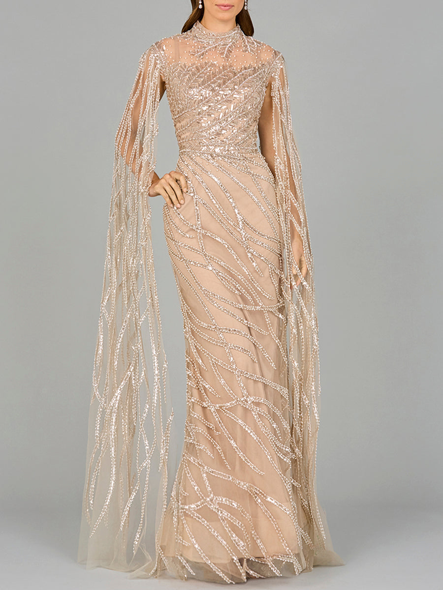 High Neck Gown with Long Cape Sleeves