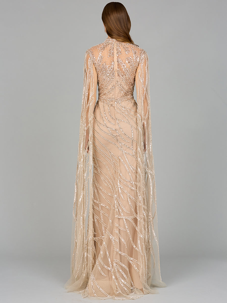 High Neck Gown with Long Cape Sleeves