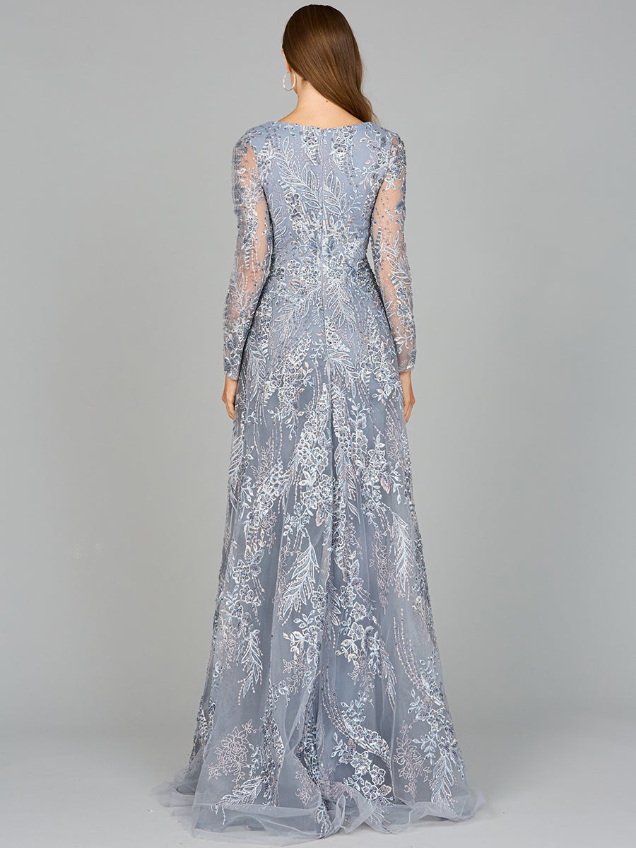 Lace Long Sleeve Gown with Overskirt