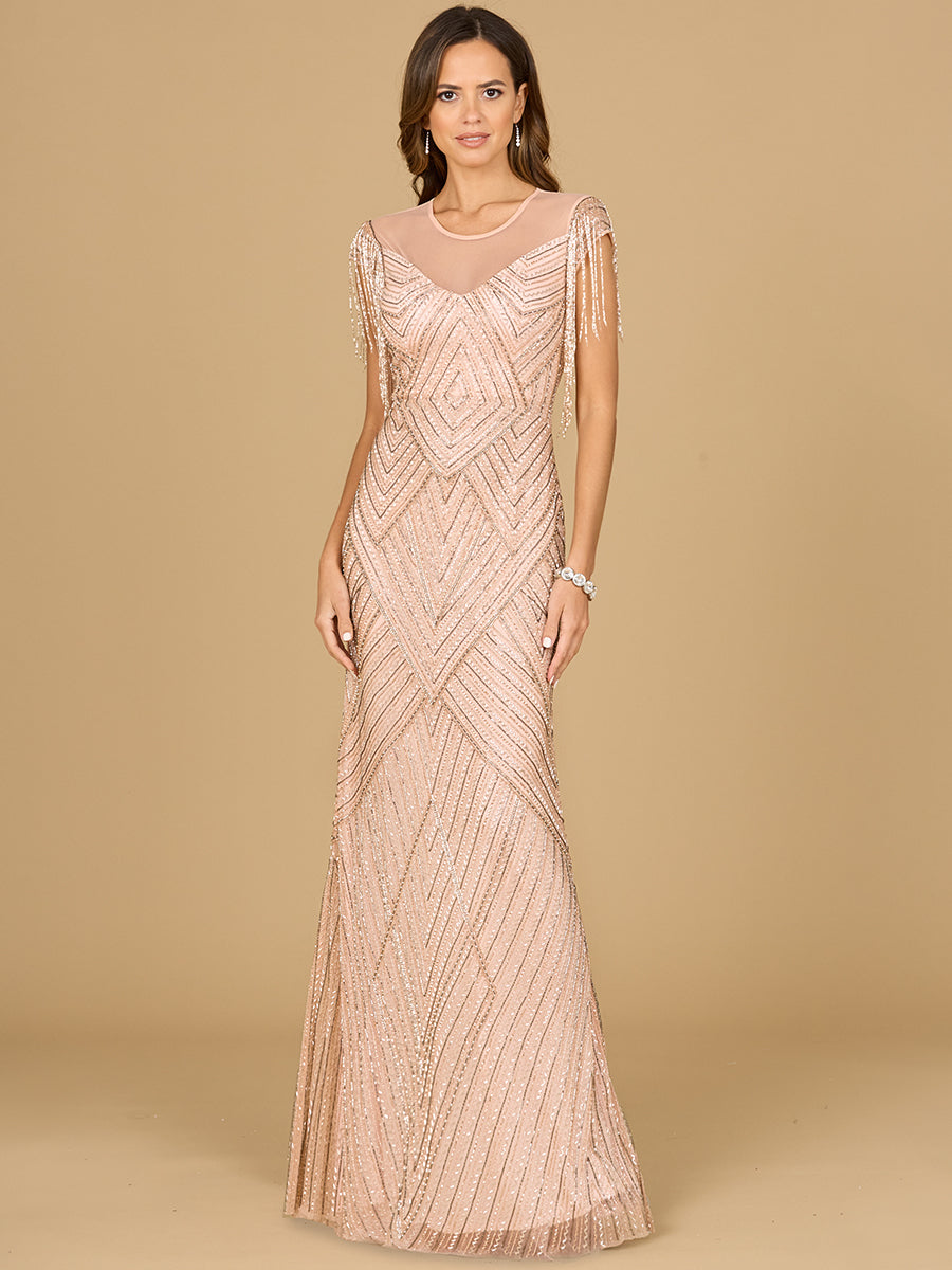 Beaded Fringe Illusion Dress with Cap Sleeves