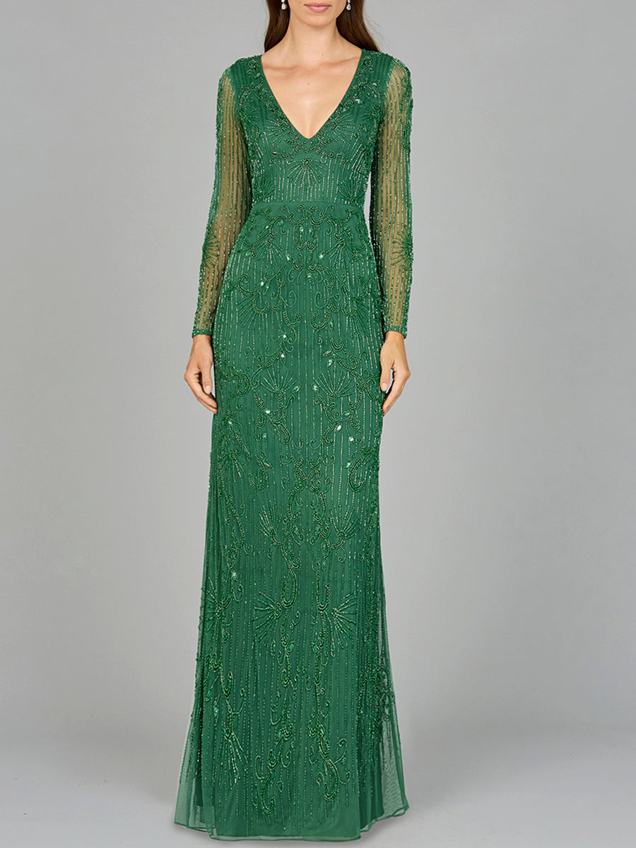 Elegant Long Sleeve Beaded Gown  - OUTLET