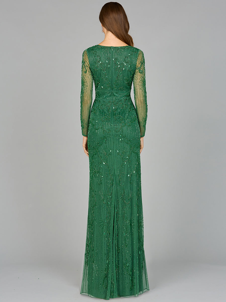 Elegant Long Sleeve Beaded Gown  - OUTLET