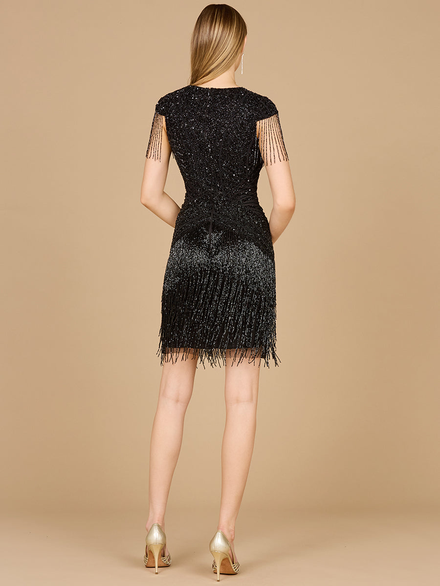 Beaded Fringe Short Dress with Cap Sleeves