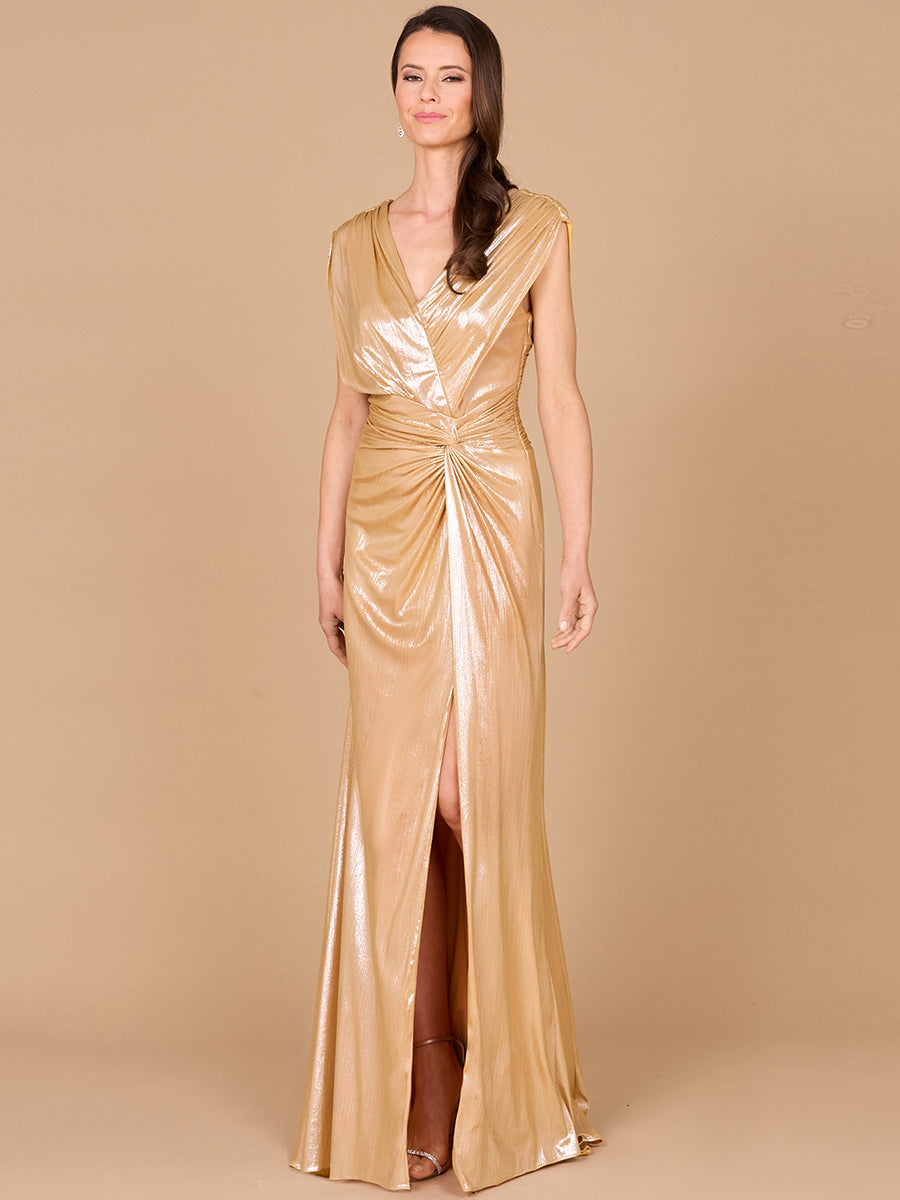 V-Neck Metallic Dress with Slit - OUTLET