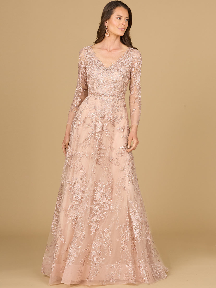 Long Sleeve V-Neck Lace Gown