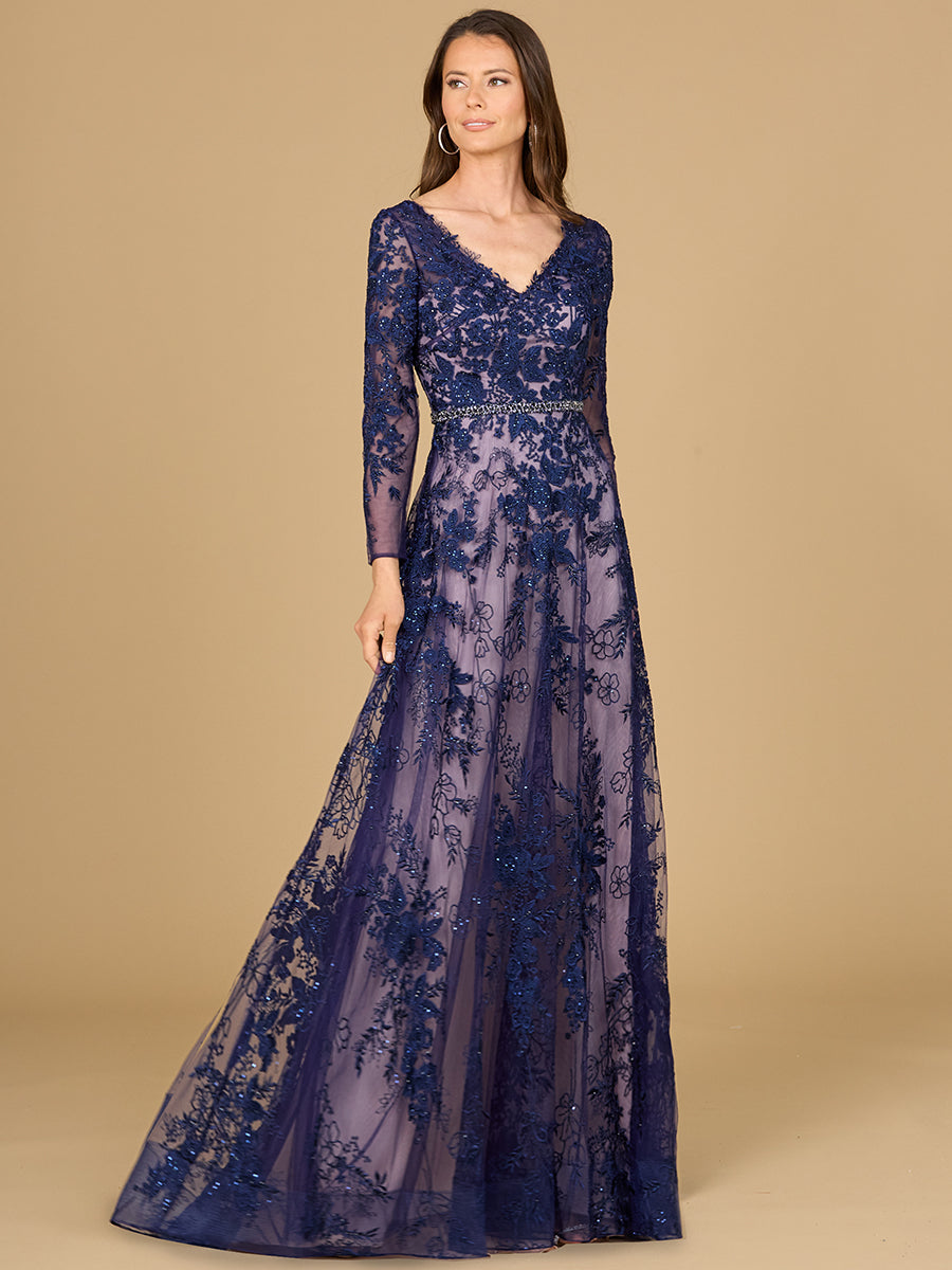 Long Sleeve V-Neck Lace Gown