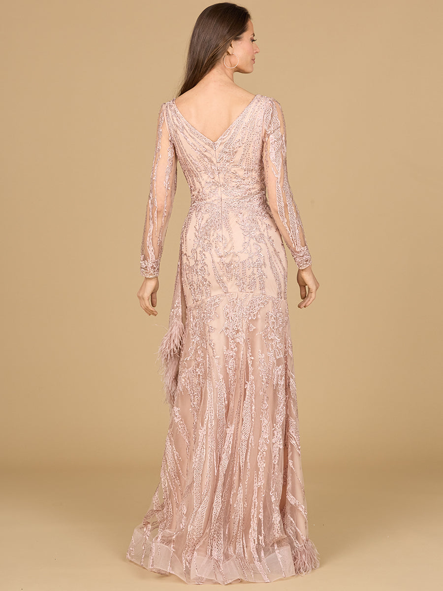 Long Sleeve V-Neck Lace Gown with Feathers