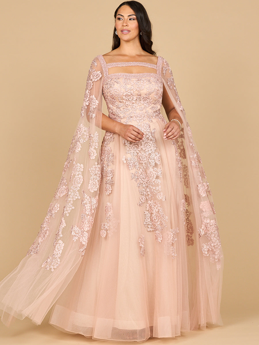 Lace Embroidered Gown with Long Cape Sleeves