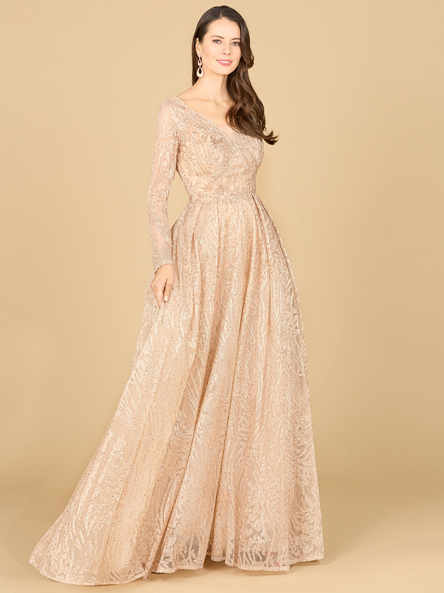 Long Sleeve, A-line Gown with a V-Neckline