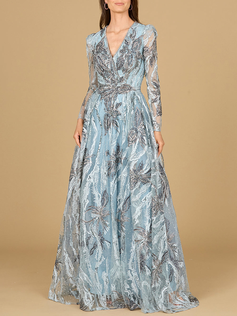 Long Sleeve V-Neck A-Line Gown