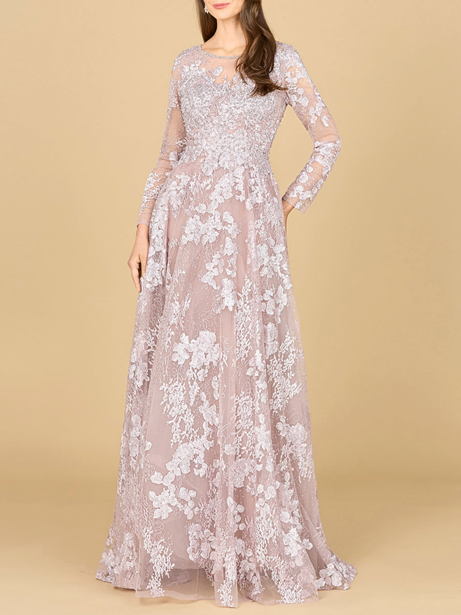 Long Sleeve, Illusion Neck Gown