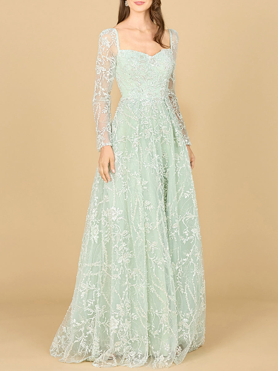 Long Sleeve Beaded Lace Gown