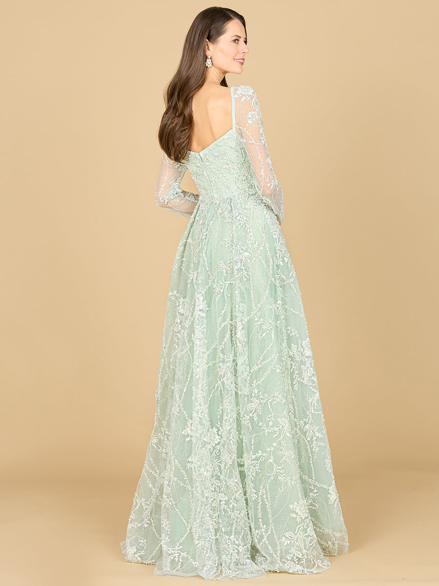 Long Sleeve Beaded Lace Gown