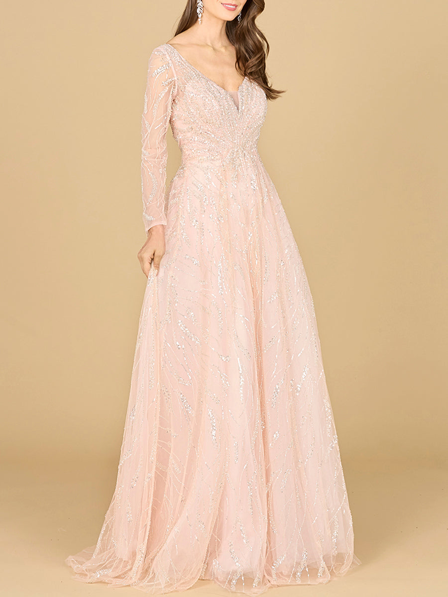 Long Sleeve Beaded Lace Gown
